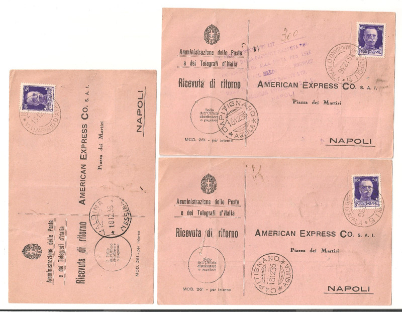 #A1496 Lot 3 Fascist Italy Mussolini American Express Naples Napoli Akron Ohio