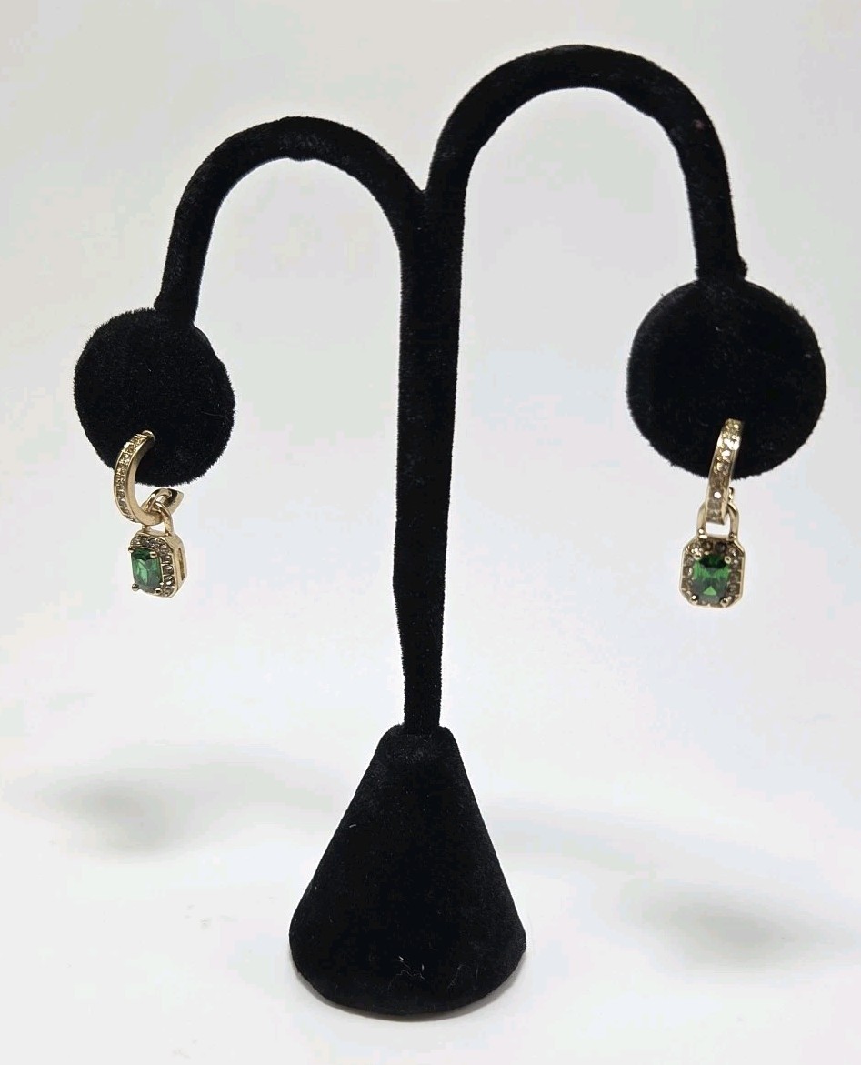 Simulated Emerald Gold Tone Dangle Post Earrings … - image 1