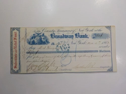 Civil War Check 1863 Mayor New York City Signed Substitute And Relief Fund Money