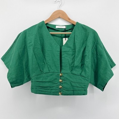 NWT Commense V-Neck Ruched Waist Linen Blend Crop Top Green Gold Buttons Small