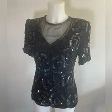 VTG 80's Laurence Kazar Black Silk Rainbow Iridescent Sequin Rose Mesh Top M 176