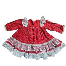 Vintage Bryan Baby Girl Red Floral Lace Prairie Dress 18 Mos USA Cottagecore