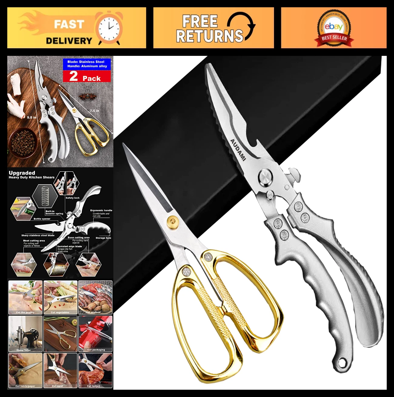 Heavy Duty Kitchen Scissors 2 Pack - Stainless Steel Multipurpose Food & Meat Sh
Opens in a new wind