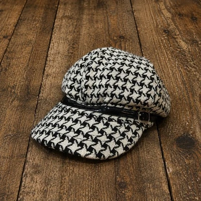 Y2K Houndstooth Baker Boy Cap with Faux Leather Trim and Buckle Accent Stylish - Image 1 of 4