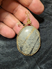 Handcrafted Wire Wrapped Gray Jasper Teardrop Amulet Pendant Gold Art