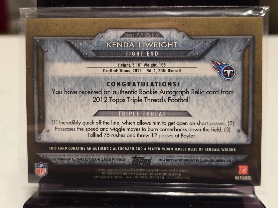 2012 Topps Triple Threads Auto Relic Gold #TTRAR53 Kendall Wright Rc #'d 10/25 - Image 2 of 2