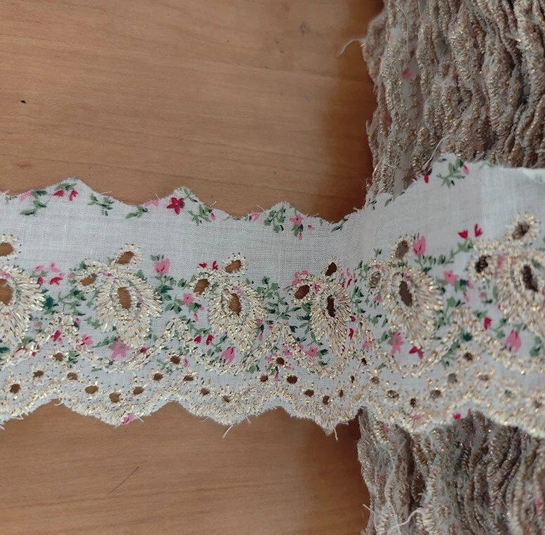 7.5 Yards 2" Wide Print Eyelet Cotton Lace with Embroidered Gold Flower b0398 - Image 2 of 2