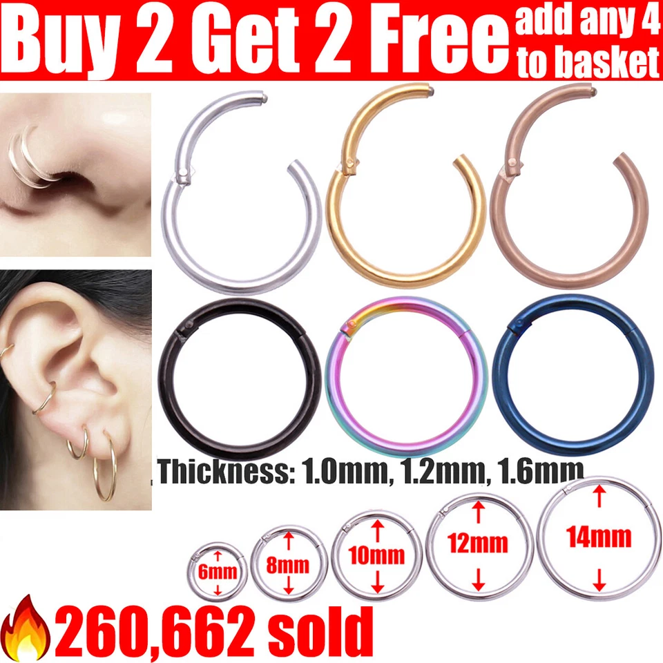 Surgical Steel Nose Ring Septum Clicker Hinge Segment Ear Helix Tragus Ring Hoop - Image 1 of 1