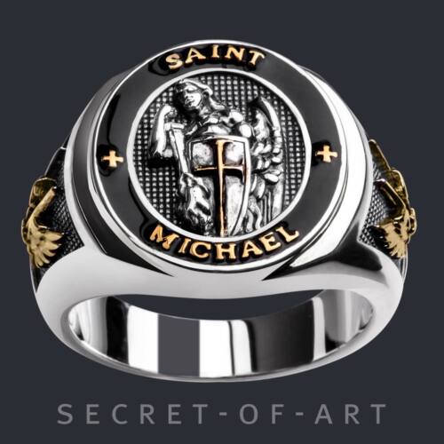 Saint St Michael Ring Sankt Erzengel Silber 925 Ring 24K-Gold-Plated Religiös
