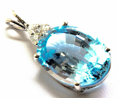 Massiver ovaler Tropfen-Anhänger 15 kt natürlicher Blautopas & Diamant 14 kt Weißgold 28 mm