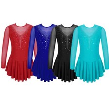 Girls Figure Skating Dress Long Sleeve Mesh Splice Dance Gymnastics Competition