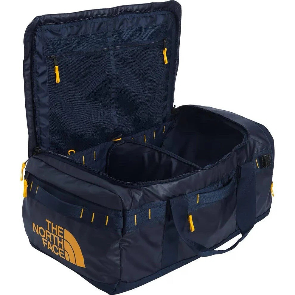 The North Face Base Camp Voyager 62L Duffel Backpack for Men in Blue & Gold