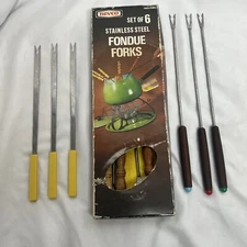 Vtg Stainless Steel Nevco Fondue Forks Set Of 6 Plus 6 Extra Colored Tips