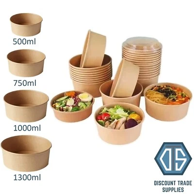 Kraft Disposable Round Paper Takeaway Bowls with Lids Hot Food Deli Salad
