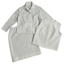 Vtg 60's Knitmakers White 3 Piece Skirt Suit Floral Polyester Top Jacket Tank XL