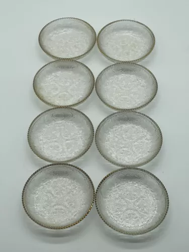 8PC Jeanette Glass Harp & Lyre Pattern Coasters with Gold Trim