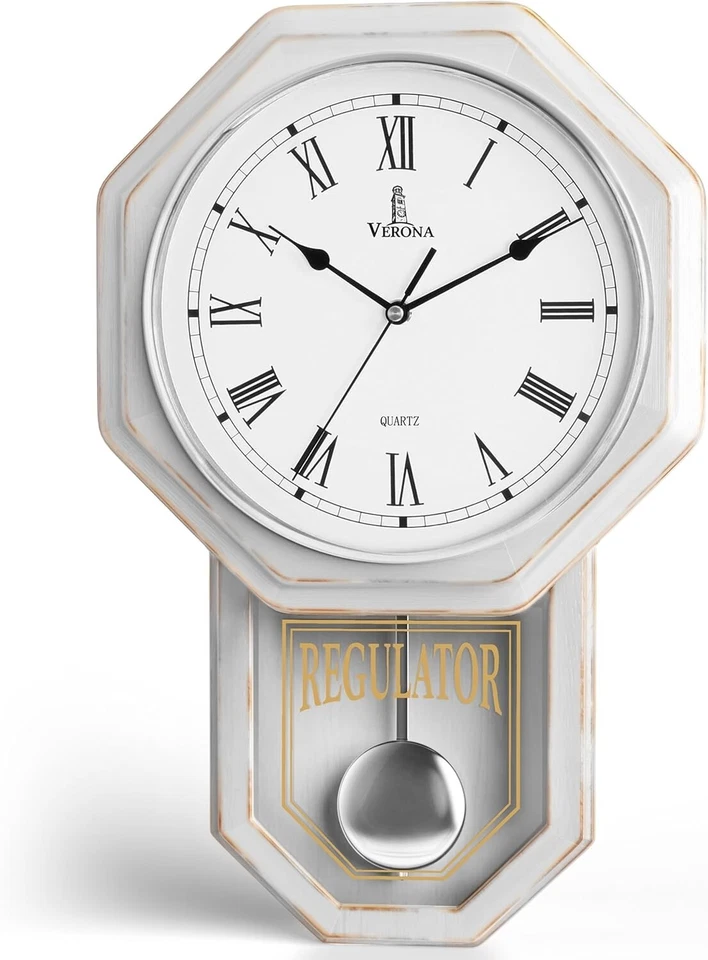 Rustic White Pendulum Wall Clock - Silent Battery Operated Farmhouse Style - Image 3 of 4