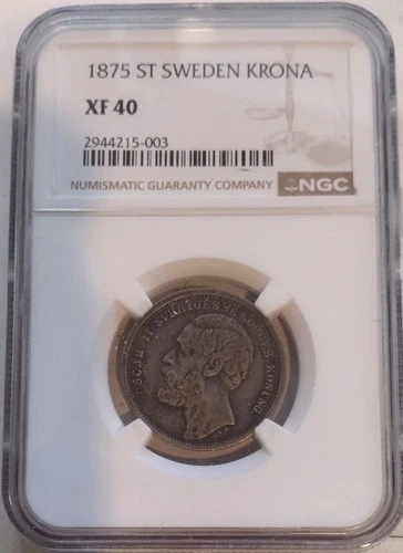 1875 ST SWEDEN 1 KRONA - NGC XF 40 - FREE US. / $12.50 WORLD SHIPPING