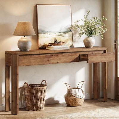 Solid Wood Console Table with 3 Drawers,63'' Long Narrow Farmhouse Entryway Table