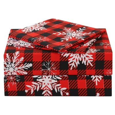 JSD Red Buffalo Plaid Snowflakes Sheet Set King Size, 4 Piece Christmas Winte...