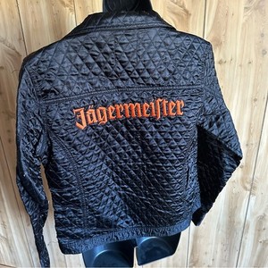 Jägermeister Black Quilted Jacket with Orange Logo, heavily worn, y2k promo rare