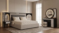 Schlafzimmer Set Beige Bett Nachttische Schminktisch Spiegel Sitzhocker