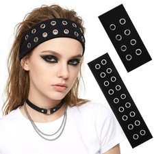 2 Pack Black Grommet Headbands Goth Punk Rock Elastic Hair Accessory Unisex