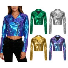Womens Metallic Shiny Outerwear Tops Zipper Jackets Festival Outfits Halloween