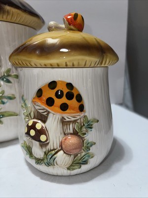 Vintage 1970's Sears Merry Mushroom 3 Piece 2 Sided Canister Set