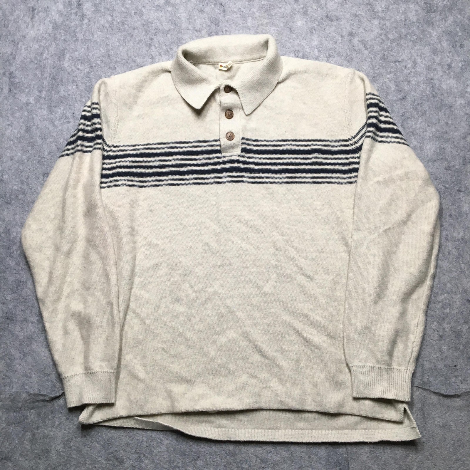 Marine Layer Sweater Mens Medium Beige Navy Stripe Knit Polo Pullover Shirt