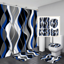 4 Pcs Blue Shower Curtain Black Bathroom Sets with Shower Curtain and Rugs Grey