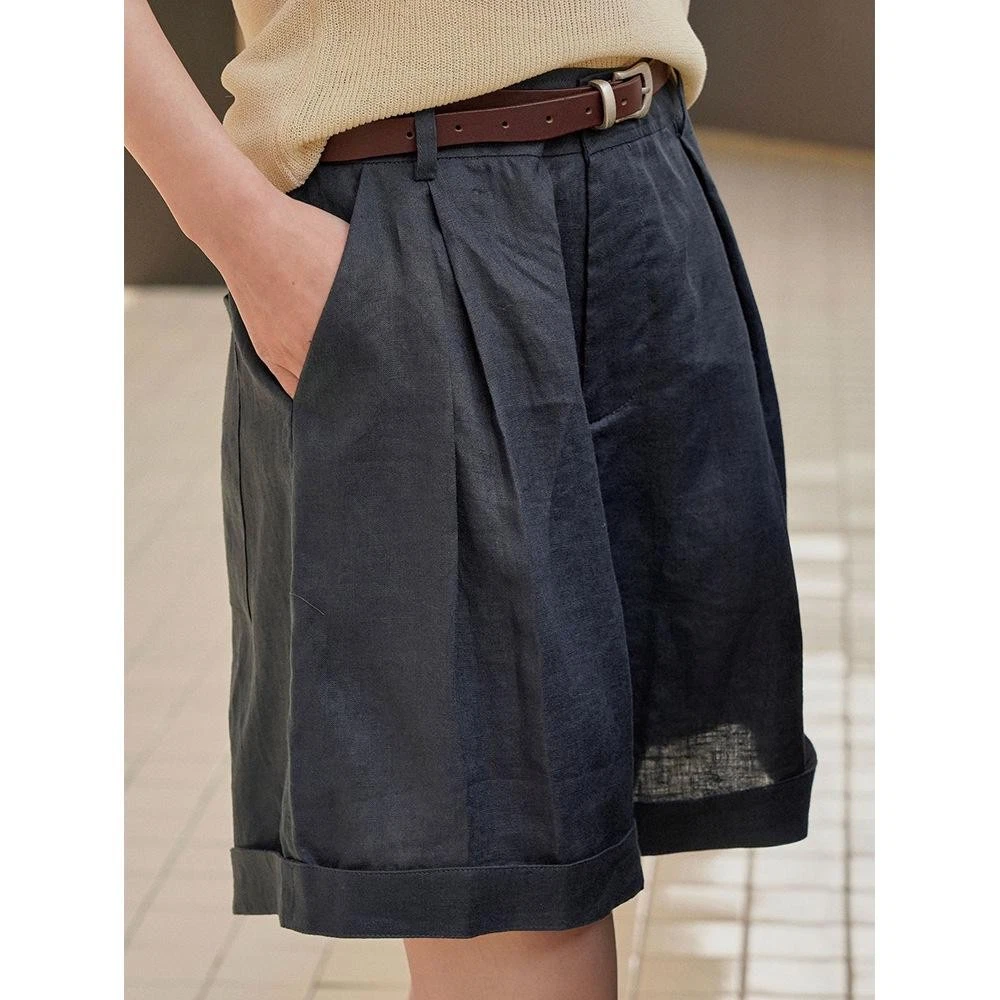 Summer Korea Style Lazy Linen Curled Bermuda Shorts Wide Leg Loose Slim Casual H