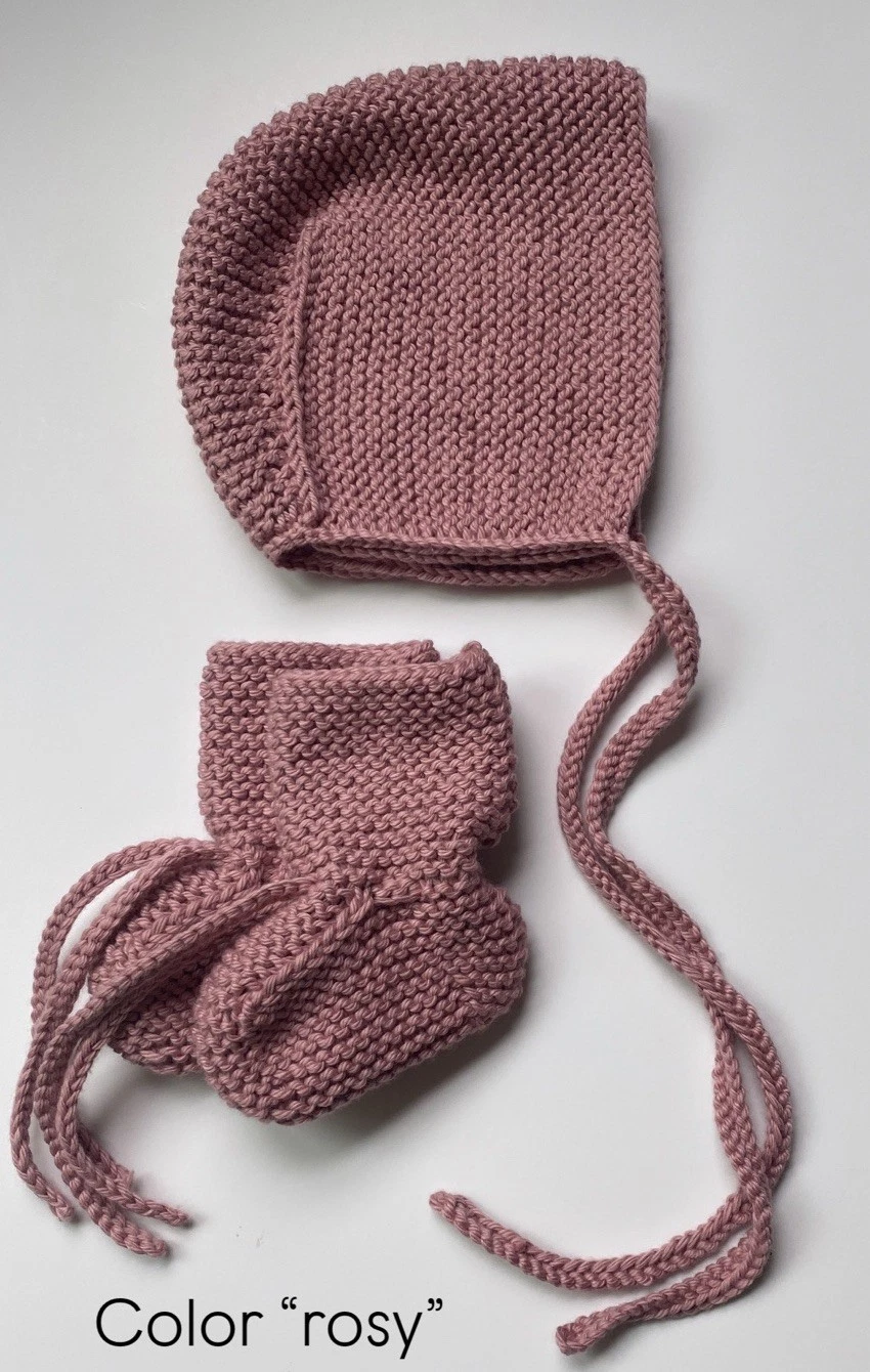 Hand Knitted Bonnet Socks Rosy Size 0-6 Months Old Gift Baby shower Photo prop