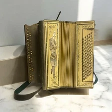 Vtg BUTTON ACCORDION With Inlaid Mother Of Pearl Antique Dancing Girl Flowers