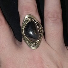 Large Vintage Silver Plated Hematite Dark Metallic Black Stone Adjustable Ring