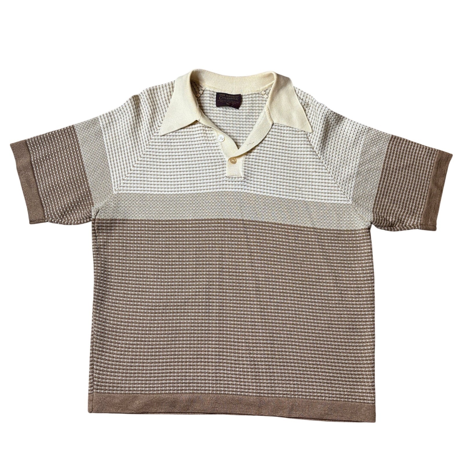Van Heusen Colesta Vintage Knit Polo Shirt Brown Tan Striped Colorblock Size XL