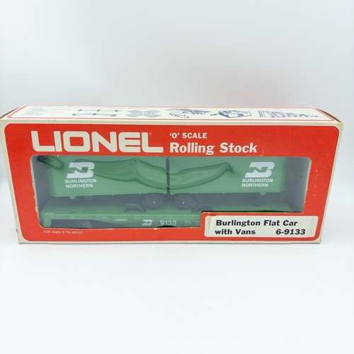NUEVO Lionel 6-9133 Burlington Northern Flatcar Flatcar Flatcar con remolque furgonetas calibre O - Imagen 1 de 6