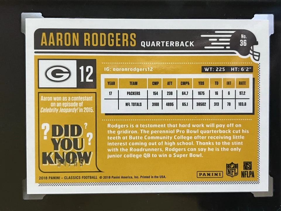 2018 Classics Aaron Rodgers #36 Timeless Tributes Premium Gold /65 SGC 10 - Image 4 of 4