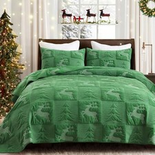 Christmas Quilt Queen Size, 3 Pieces Full/Queen 90" x 96" Christmas - Green