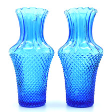 Blue Glass Vases Diamond Point w Fluted Necks