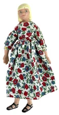 Vintage Hand-Painted Wooden Doll In Floral Dress Blonde Hair & Striped Bloomers