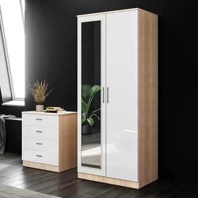 ELEGANT High Gloss 2 Door White&Oak Wardrobe Bedroom Furniture Storage With Hanging Rail