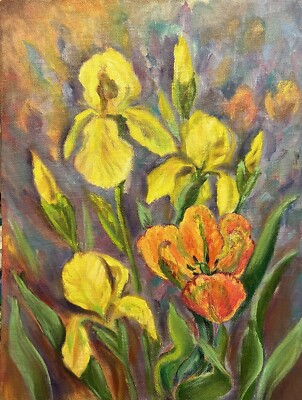 Irises Original Oil Painting Yellow Flowers Wall Art 12x16 Floral Wall Decor