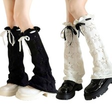 Hollowed Knit Star Flared Leg Warmers Harajuku Solid Color Boot Covers with Tie