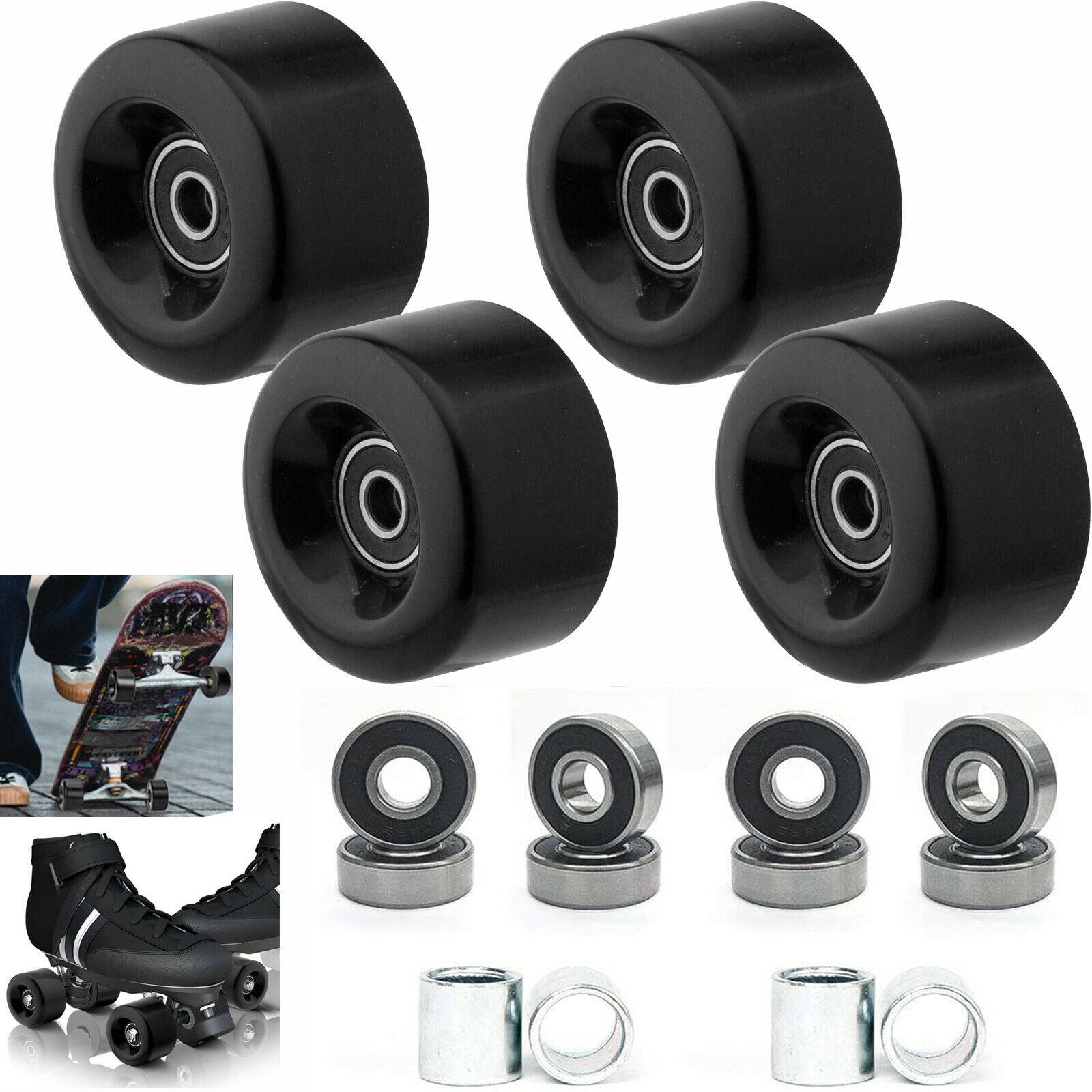 4 Pack Roller Skate Wheels with Bearings for Double Row Skating Skateboard Black
