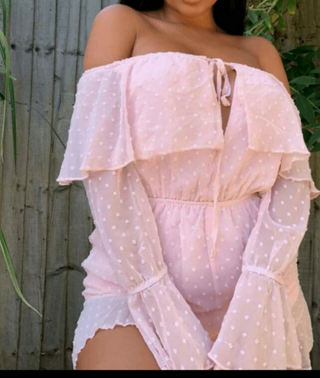 Bardot Playsuit Pink Polka Dot Bardot Dress The Belted Bardot