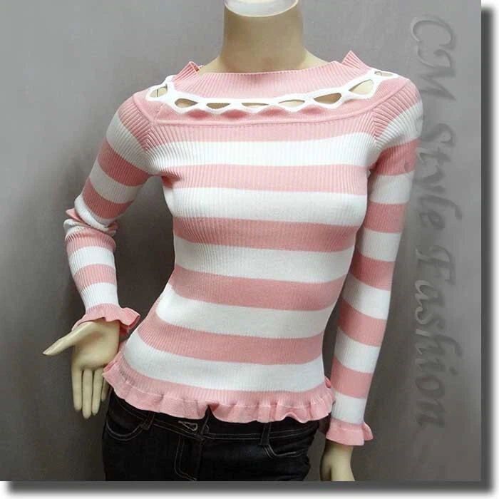 Top A Rayas Escote Ancho Peekaboo Elástico Acanalado Rosa Blanco XS~S Foto 2 de 4