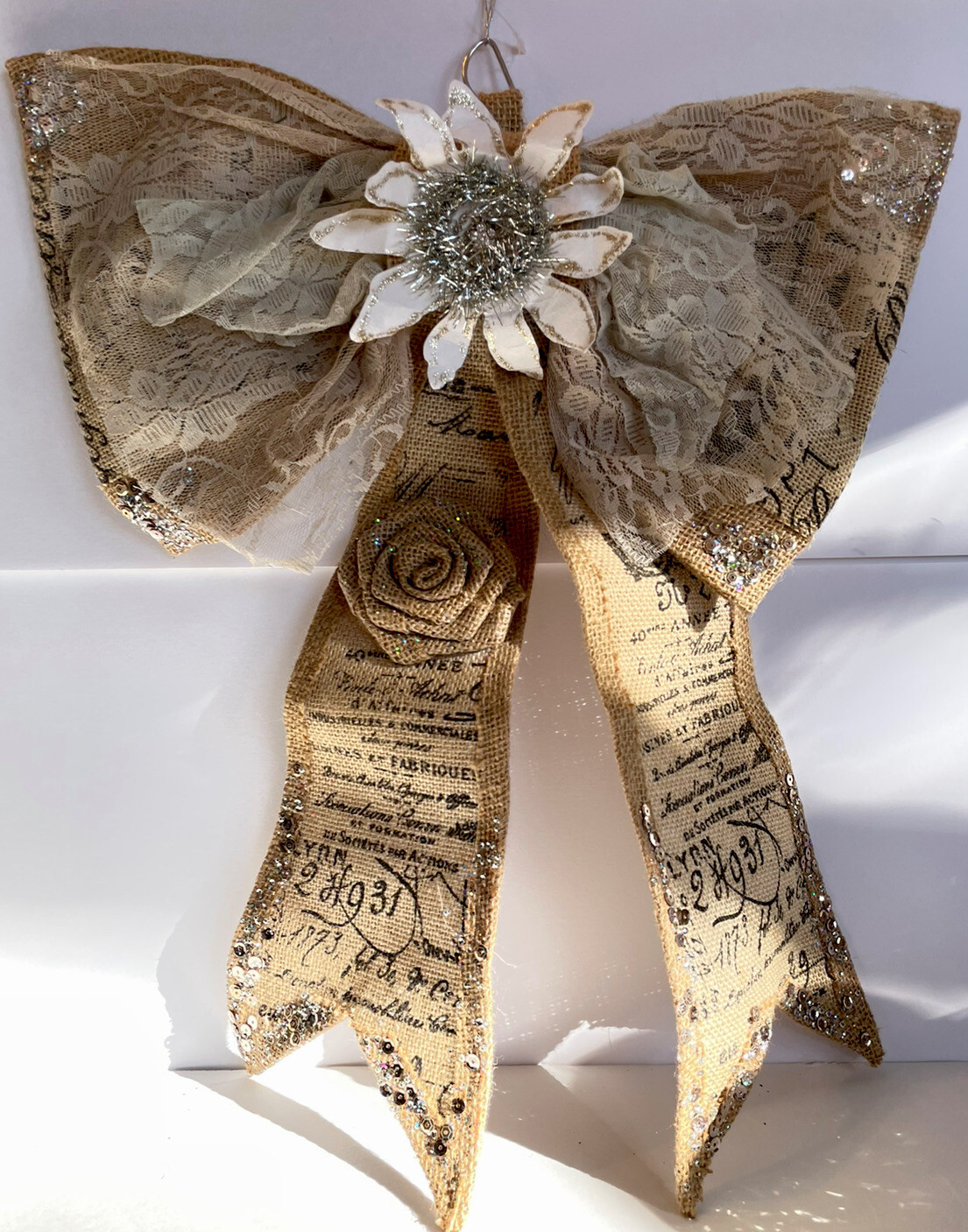 Christmas Bow Door Hanging Or For Gift Wrap Burlap Sequins