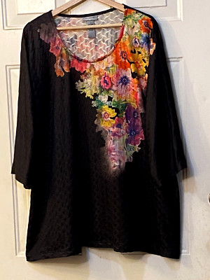 Catherines Sz 2X 22/24W Blouse 3/4 Dolman Sleeve Black Multi Floral Textured