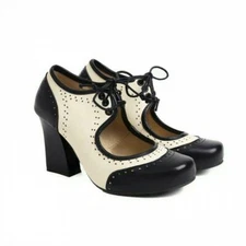 Carving Women's Splicing Pumps Shoes Lace Up Round Toe Block Heel Comfort Sweet